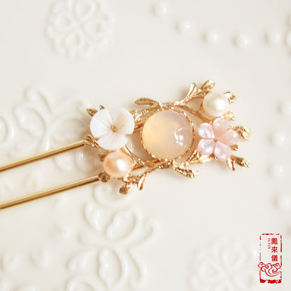 Chinese Garland Hairpin - White& Rose - Flower Hair Stick