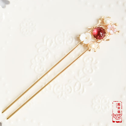 Chinese Garland Hairpin - White& Rose - Flower Hair Stick