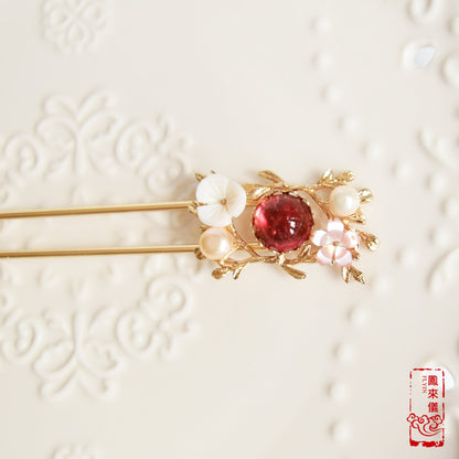 Chinese Garland Hairpin - White& Rose - Flower Hair Stick