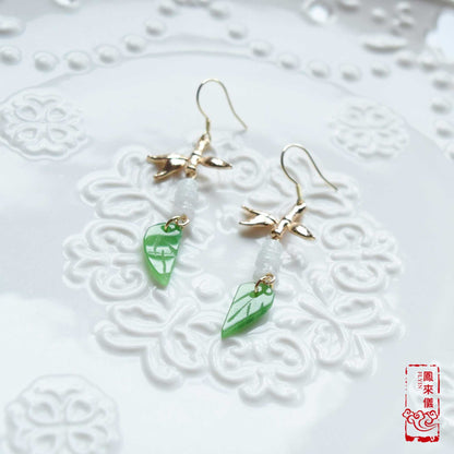 Gold Bamboo Leaf Jade Earrings: Chinese Inspired Jewelry