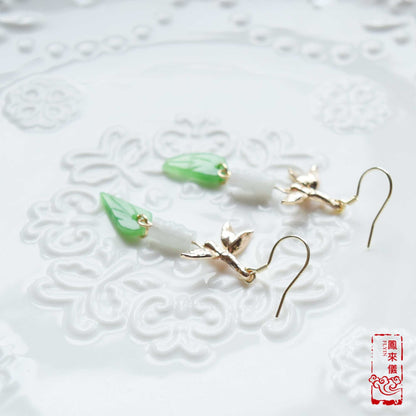 Gold Bamboo Leaf Jade Earrings: Chinese Inspired Jewelry