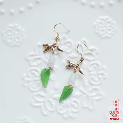 Gold Bamboo Leaf Jade Earrings: Chinese Inspired Jewelry