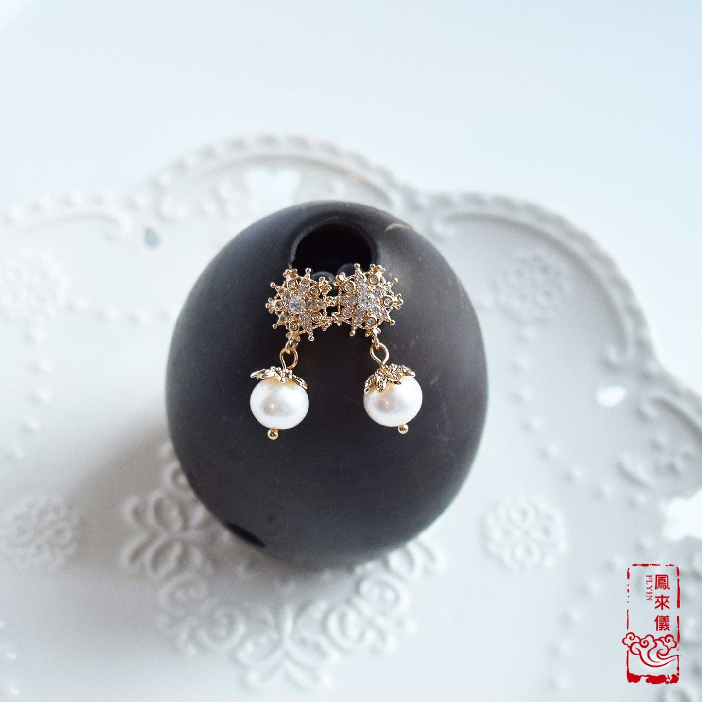Snowflake Pearl Gold Stud Earrings - Holiday Earrings
