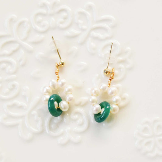 Jade Circle Earrings: Gold Filled, Freshwater Pearl, Green Agate
