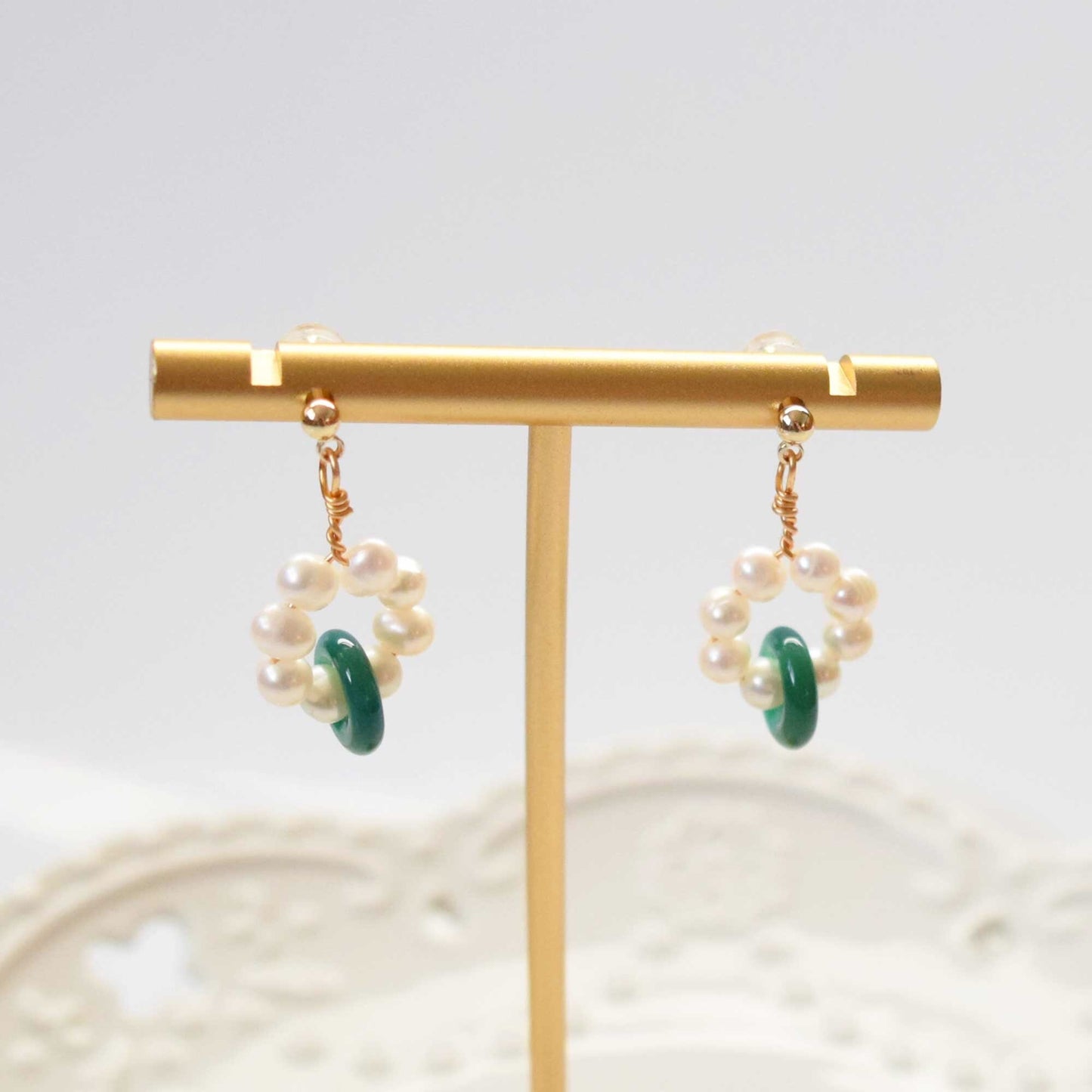 Jade Circle Earrings: Gold Filled, Freshwater Pearl, Green Agate