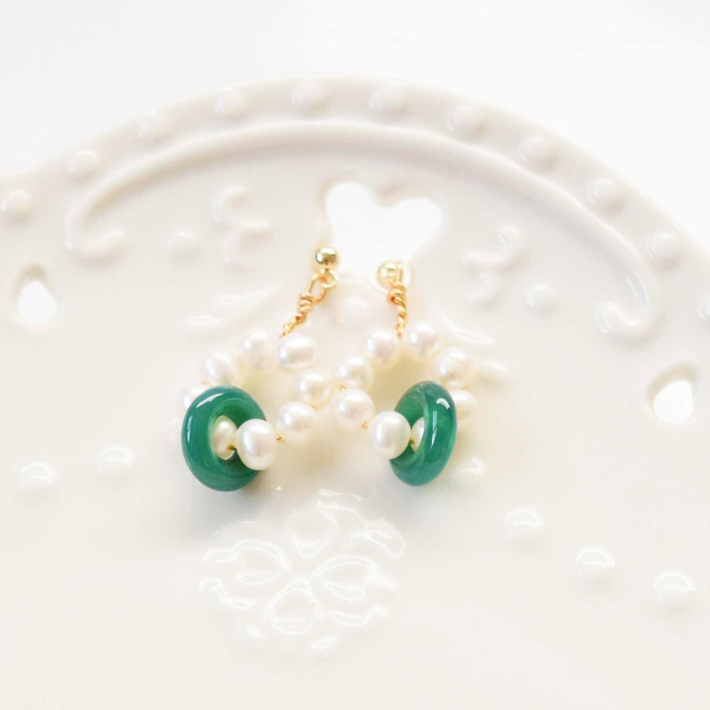 Jade Circle Earrings: Gold Filled, Freshwater Pearl, Green Agate