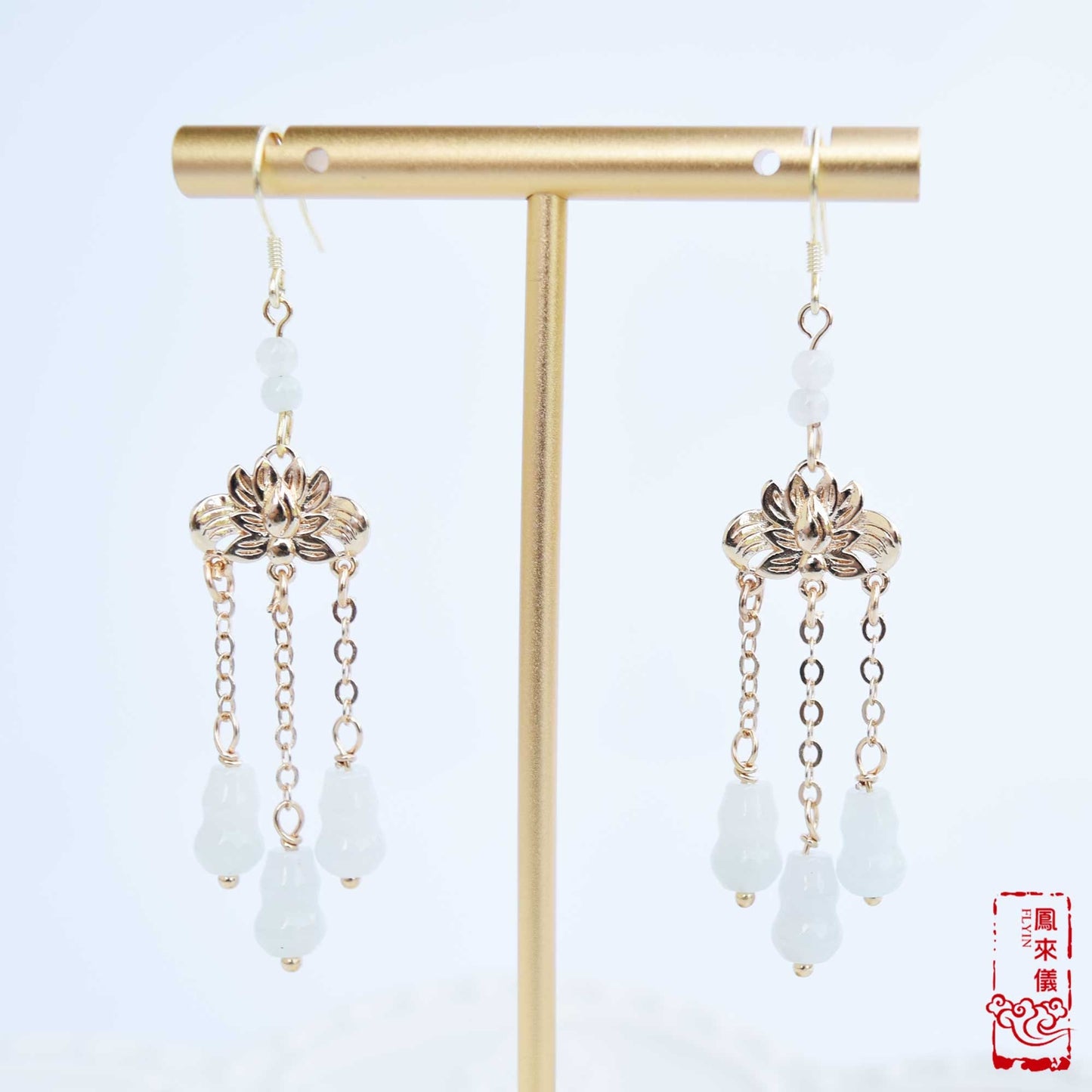Jade Gourd Dangle Earrings: Gold Lotus, Chinese Blessing