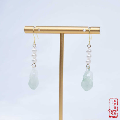 Jade Gourd Dangle Earrings: Freshwater Pearl, Gold-Plated Hooks