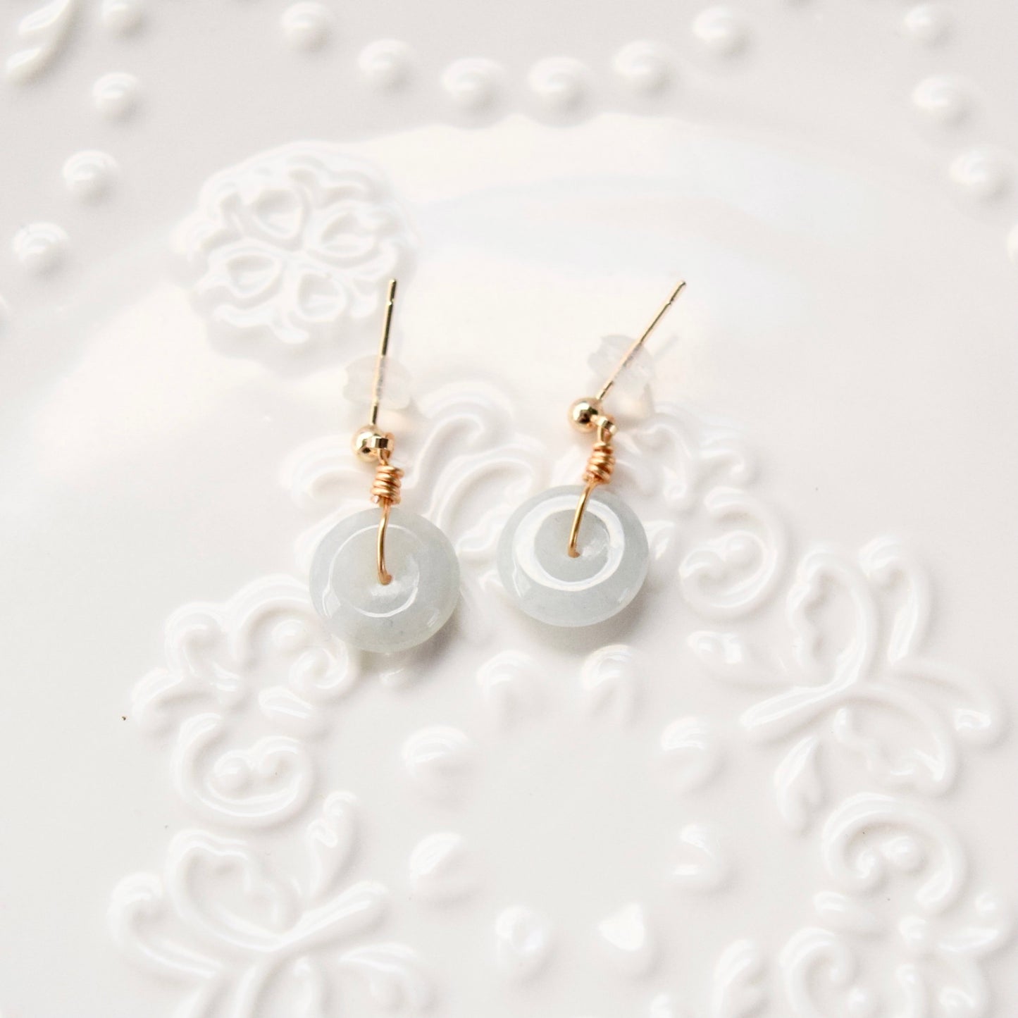 Jadeite Peace Buckle Earrings - Chinese Jadeite Donut Stud Earrings