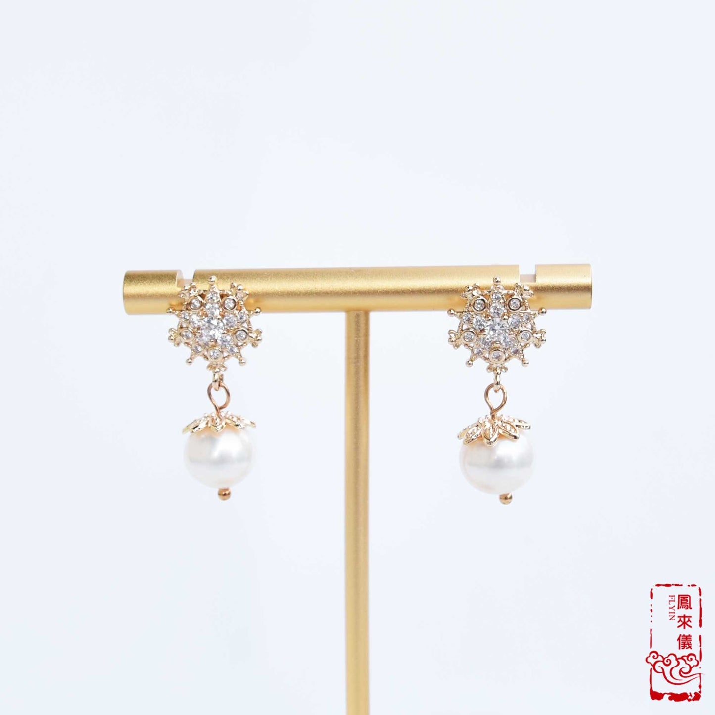 Snowflake Pearl Gold Stud Earrings - Holiday Earrings