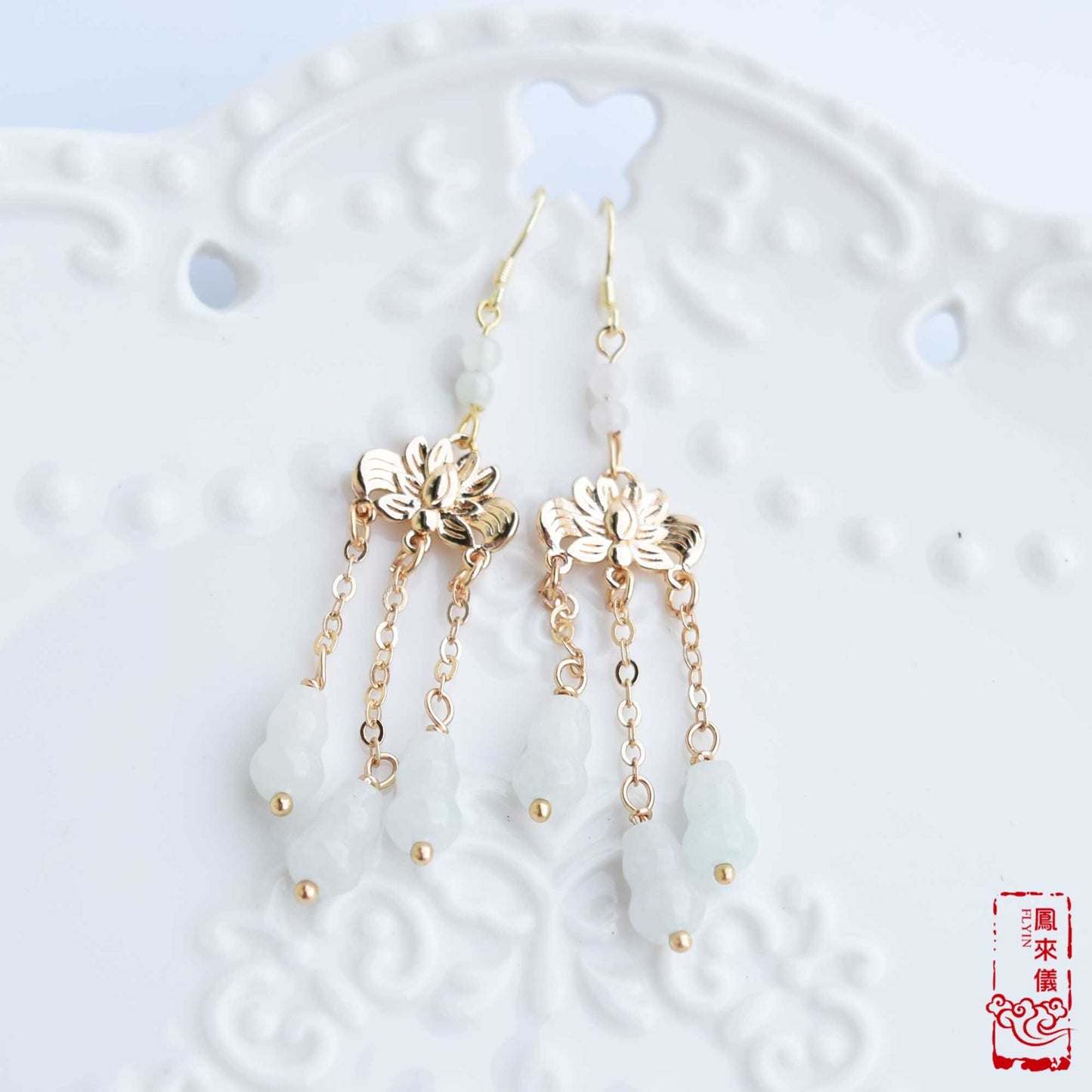 Jade Gourd Dangle Earrings: Gold Lotus, Chinese Blessing