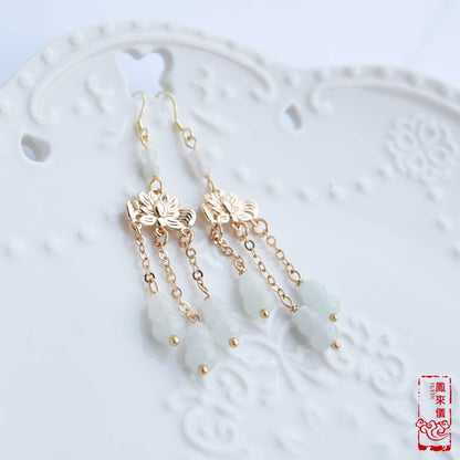 Jade Gourd Dangle Earrings: Gold Lotus, Chinese Blessing