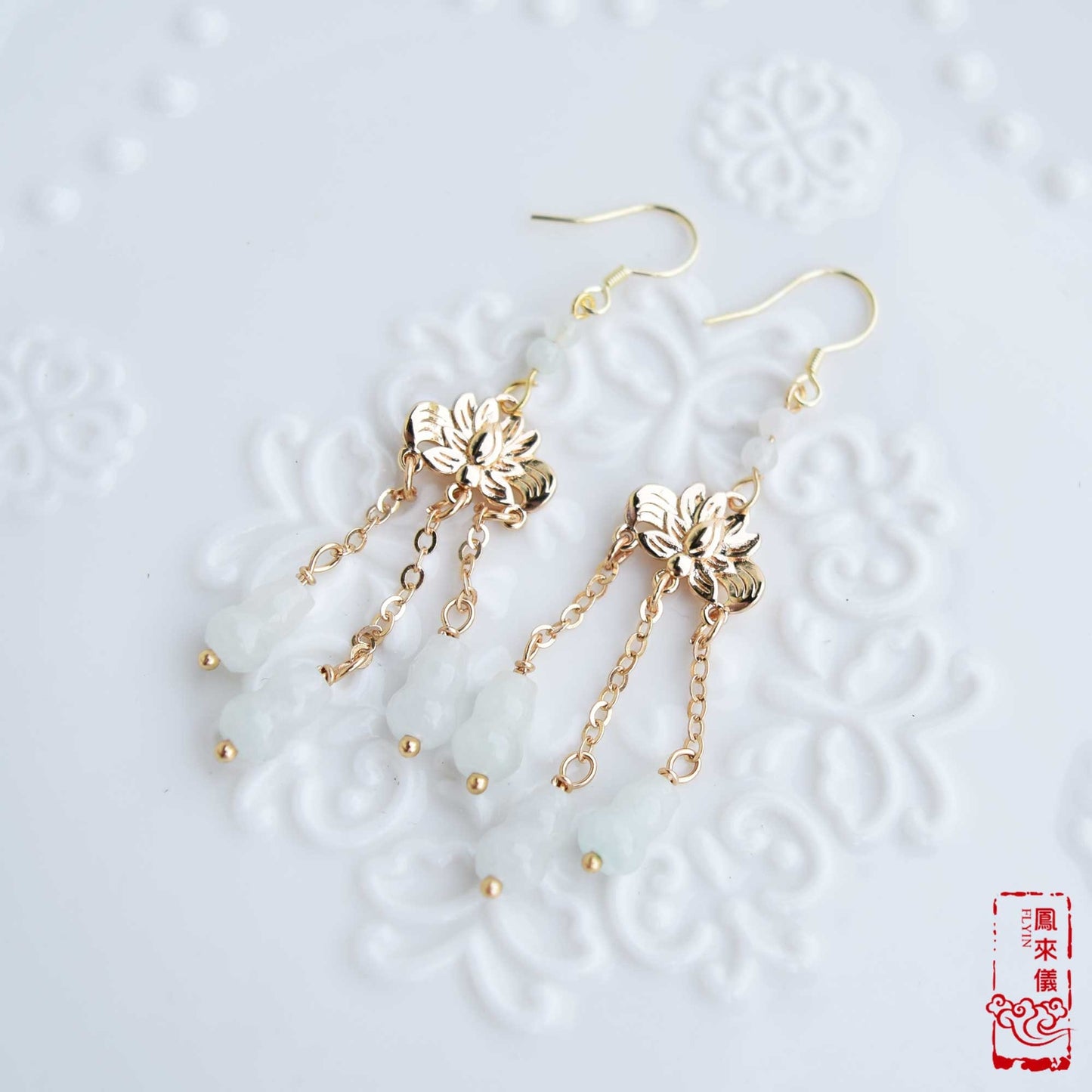 Jade Gourd Dangle Earrings: Gold Lotus, Chinese Blessing