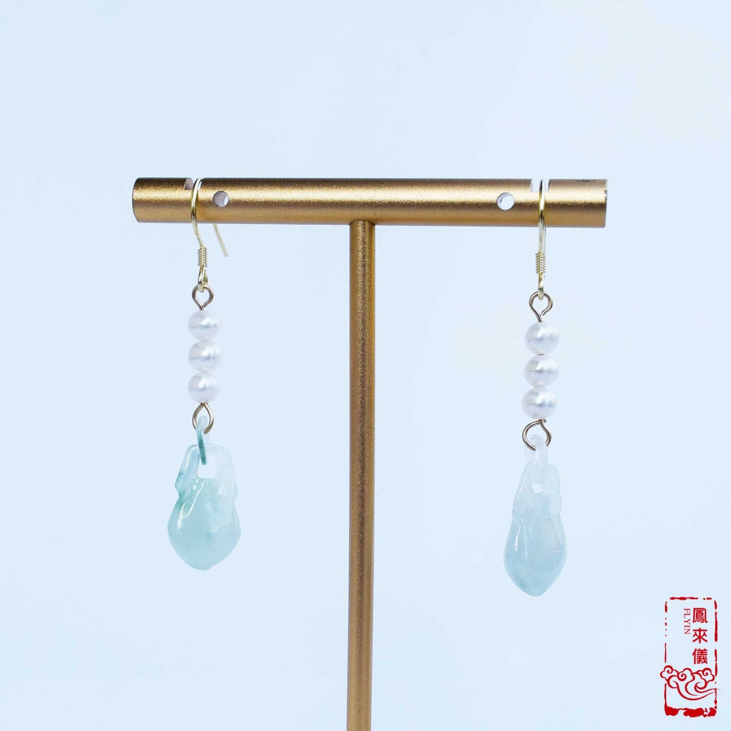 Jade Gourd Dangle Earrings: Freshwater Pearl, Gold-Plated Hooks