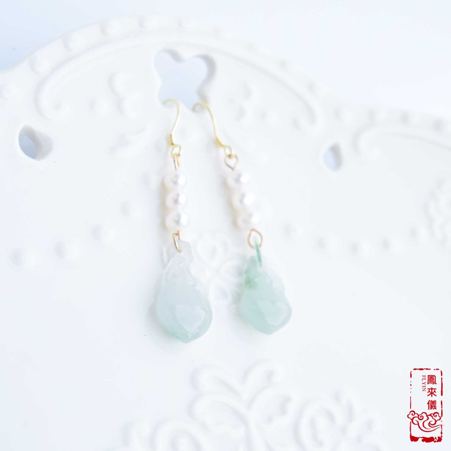 Jade Gourd Dangle Earrings: Freshwater Pearl, Gold-Plated Hooks