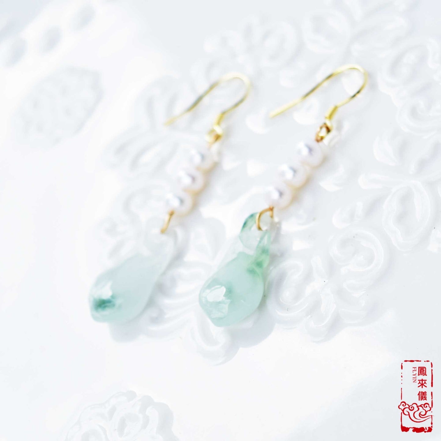 Jade Gourd Dangle Earrings: Freshwater Pearl, Gold-Plated Hooks