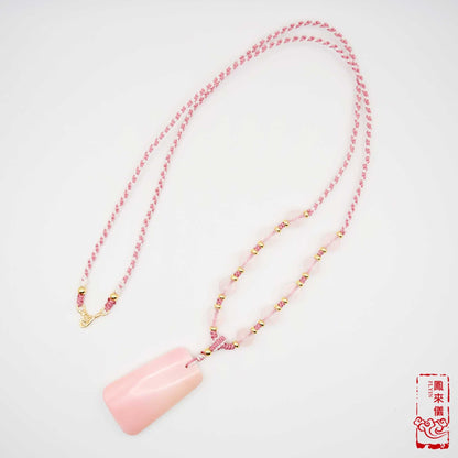 Pink Queen Conch Pendant Necklace: Rose Quartz Beads, Braided Cord