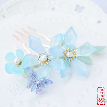Blue Glassware Flower Hairpin with Purple Resin Butterfly