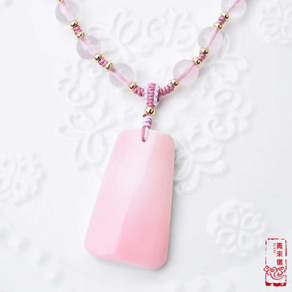 Pink Queen Conch Pendant Necklace: Rose Quartz Beads, Braided Cord