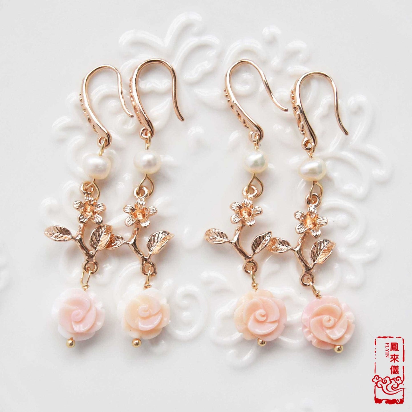 Queen Conch Shell Rose Earrings: Pink Flower Pearl Gold Earrings