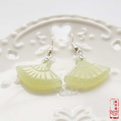 Serpentine Jade Fan Earrings: Sterling Silver, Green Stone
