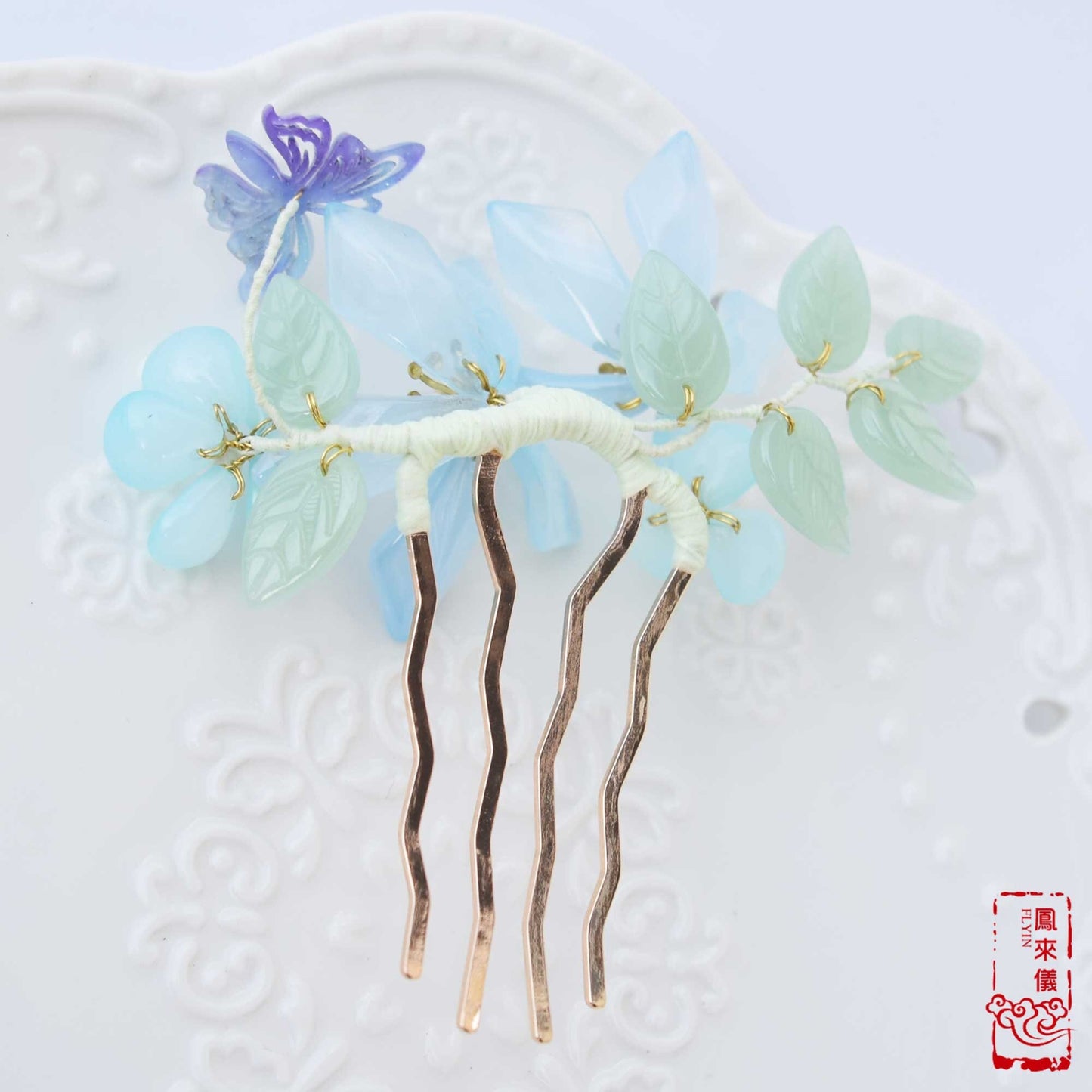 Blue Glassware Flower Hairpin with Purple Resin Butterfly