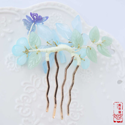 Blue Glassware Flower Hairpin with Purple Resin Butterfly