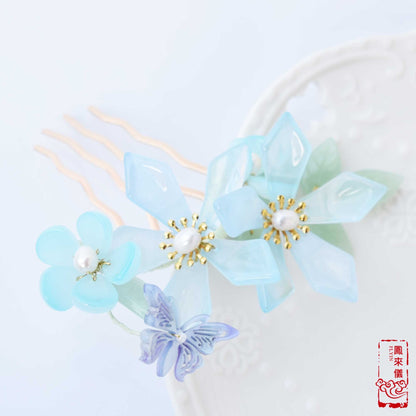 Blue Glassware Flower Hairpin with Purple Resin Butterfly