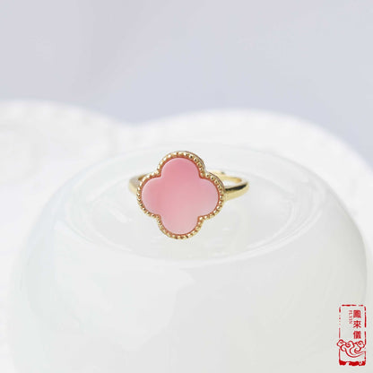Pink Queen Conch Cabochon Rings - Circle/ 4 Leaf Clover Gold Plated Brass Rings
