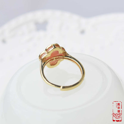 Pink Queen Conch Cabochon Rings - Circle/ 4 Leaf Clover Gold Plated Brass Rings