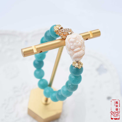 Amazonite Bracelet: Natural Queen Conch Mermaid Charm, Gold-Plated Brass