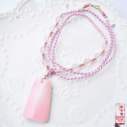 Pink Queen Conch Pendant Necklace: Rose Quartz Beads, Braided Cord