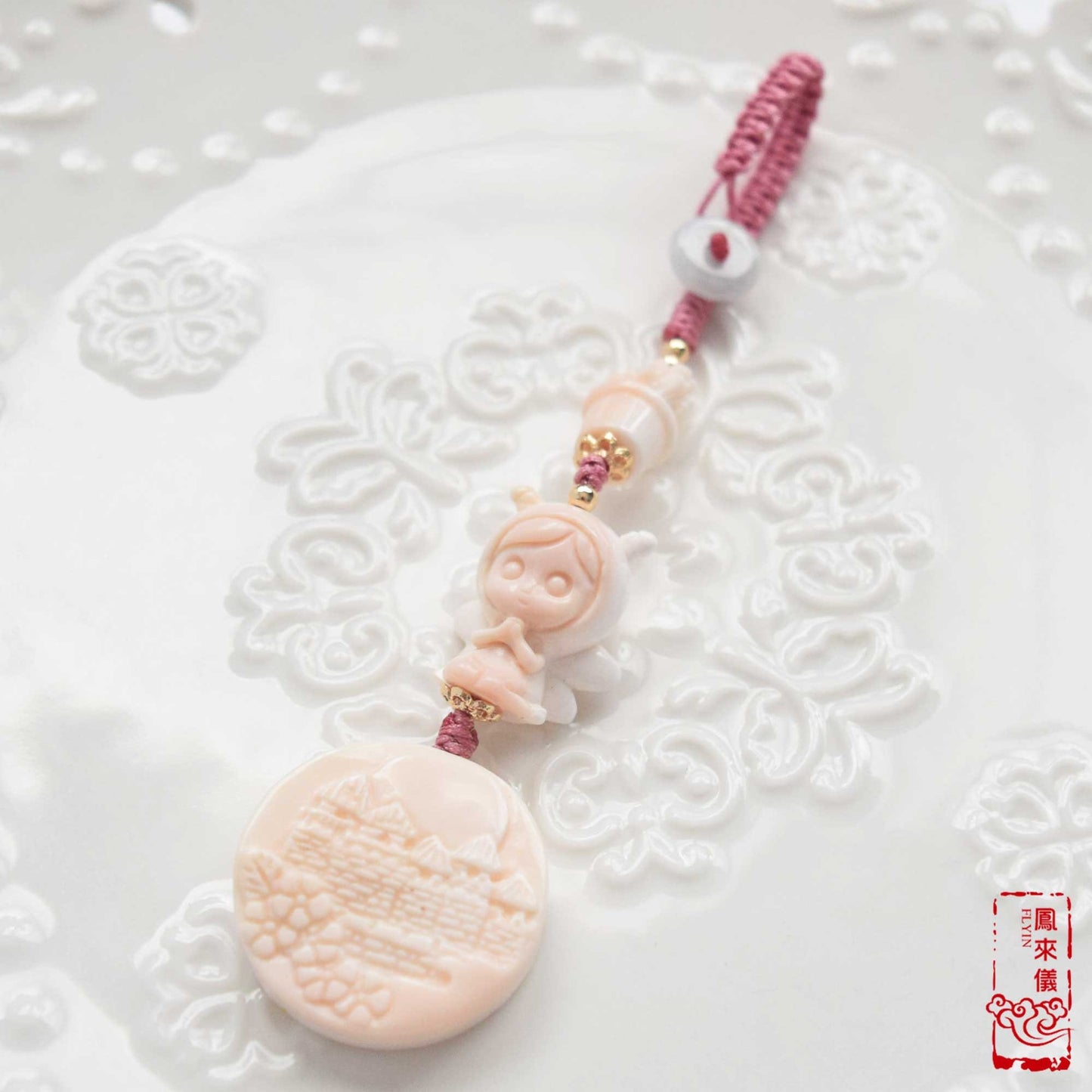 Fairy & Castle Conch Shell Charm: Pink Carved Pendant Accessory