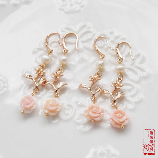 Queen Conch Shell Rose Earrings: Pink Flower Pearl Gold Earrings