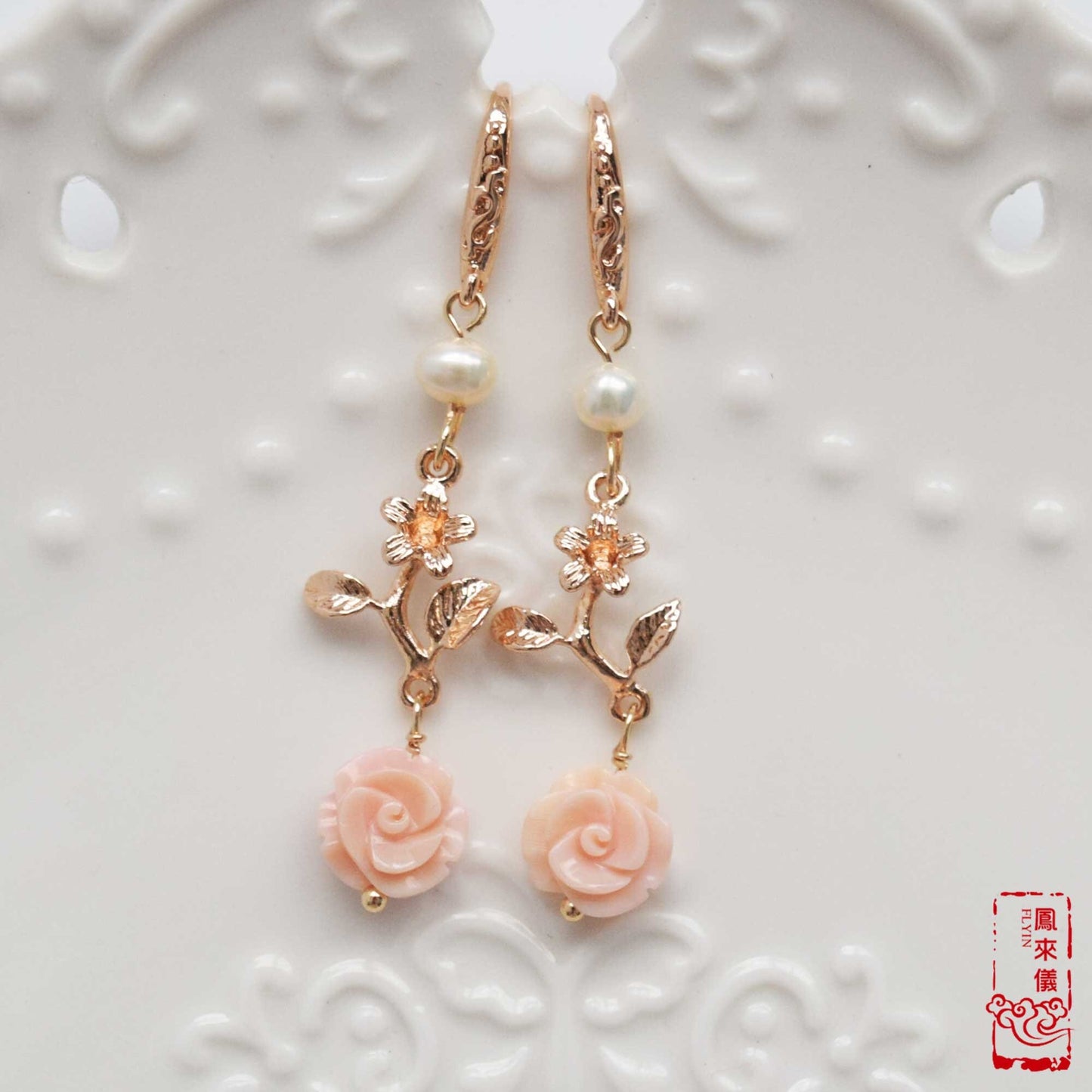 Queen Conch Shell Rose Earrings: Pink Flower Pearl Gold Earrings