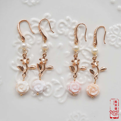 Queen Conch Shell Rose Earrings: Pink Flower Pearl Gold Earrings