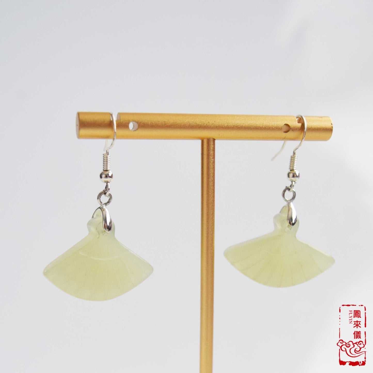 Serpentine Jade Fan Earrings: Sterling Silver, Green Stone