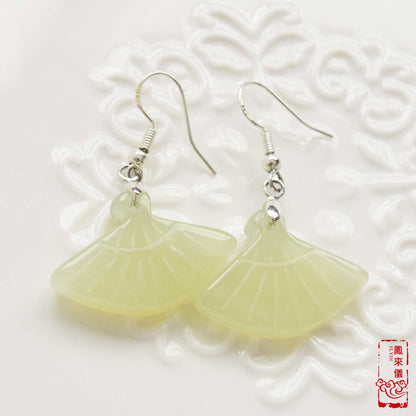 Serpentine Jade Fan Earrings: Sterling Silver, Green Stone