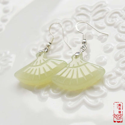 Serpentine Jade Fan Earrings: Sterling Silver, Green Stone