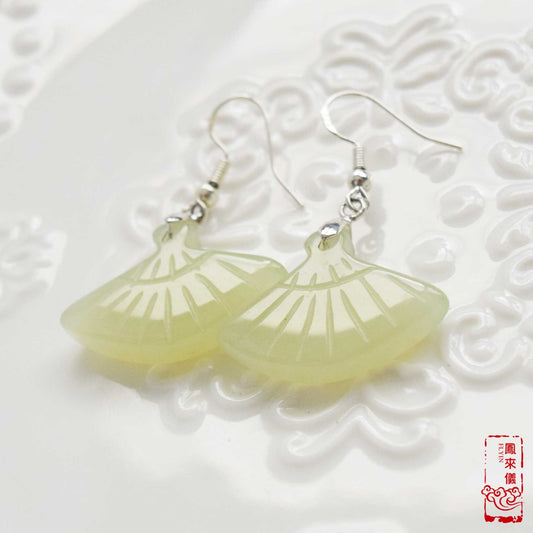 Serpentine Jade Fan Earrings: Sterling Silver, Green Stone
