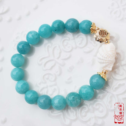 Amazonite Bracelet: Natural Queen Conch Mermaid Charm, Gold-Plated Brass