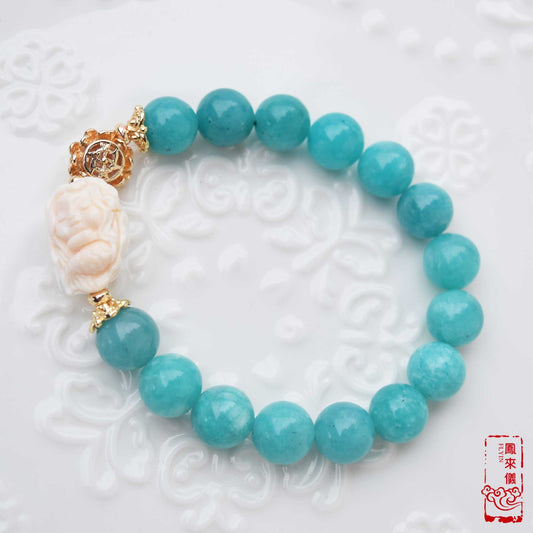 Amazonite Bracelet: Natural Queen Conch Mermaid Charm, Gold-Plated Brass