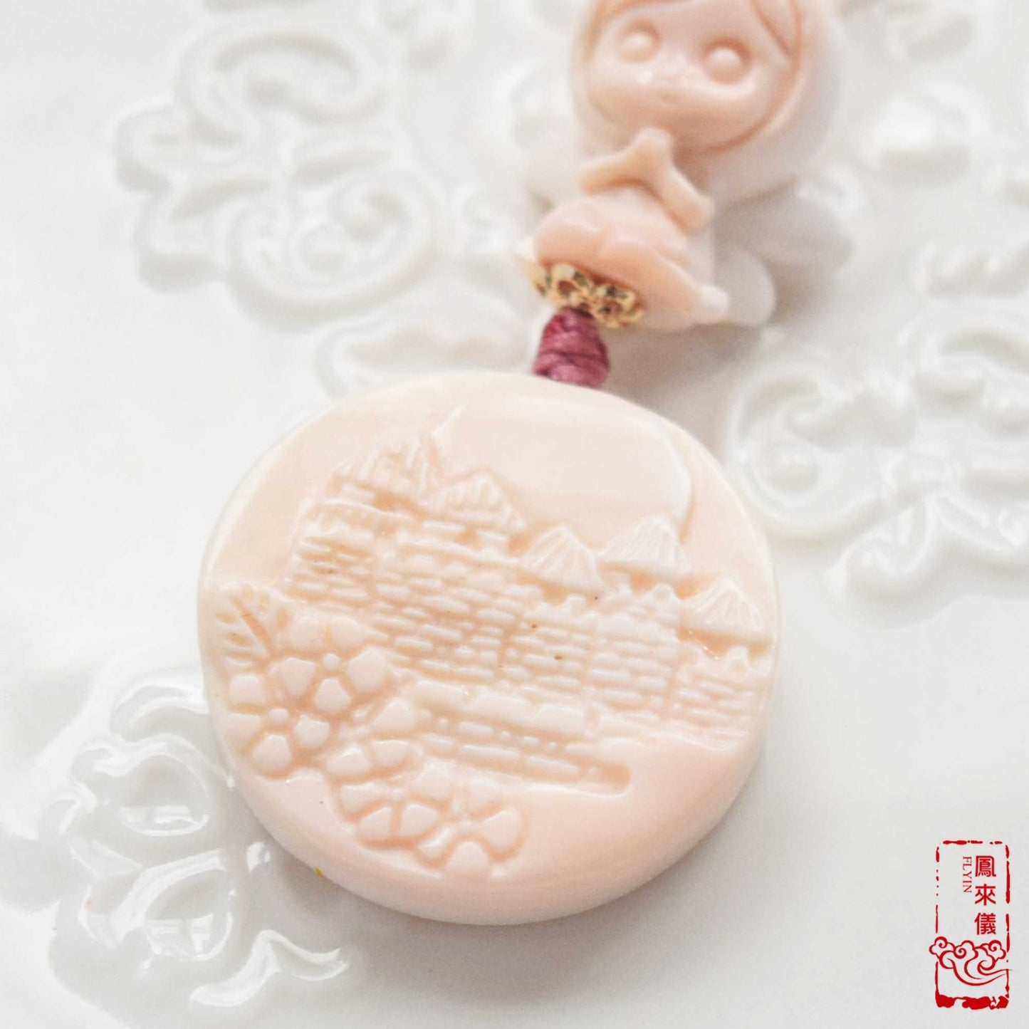 Fairy & Castle Conch Shell Charm: Pink Carved Pendant Accessory