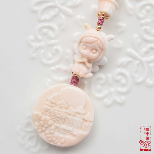 Fairy & Castle Conch Shell Charm: Pink Carved Pendant Accessory