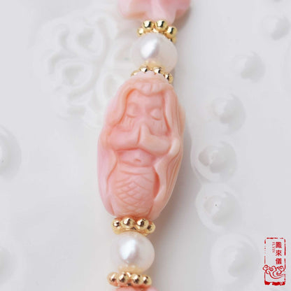 Mermaid Queen Conch Shell Bracelet: Freshwater Pearl & Aquamarine Beads