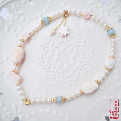 Mermaid Queen Conch Shell Bracelet: Freshwater Pearl & Aquamarine Beads