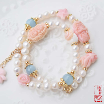 Mermaid Queen Conch Shell Bracelet: Freshwater Pearl & Aquamarine Beads