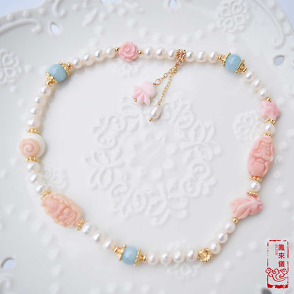 Mermaid Queen Conch Shell Bracelet: Freshwater Pearl & Aquamarine Beads