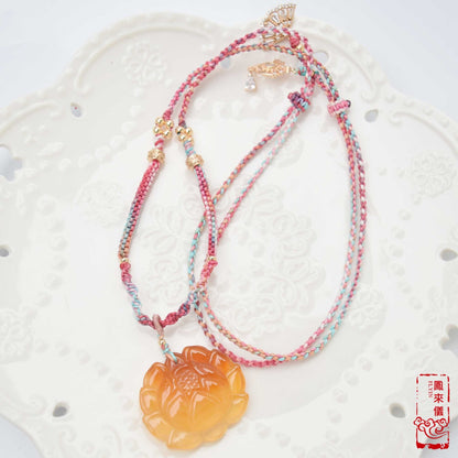 Orange Agate Lotus Necklace - Flower Pendant Braided Necklace