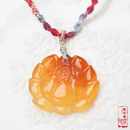 Orange Agate Lotus Necklace - Flower Pendant Braided Necklace
